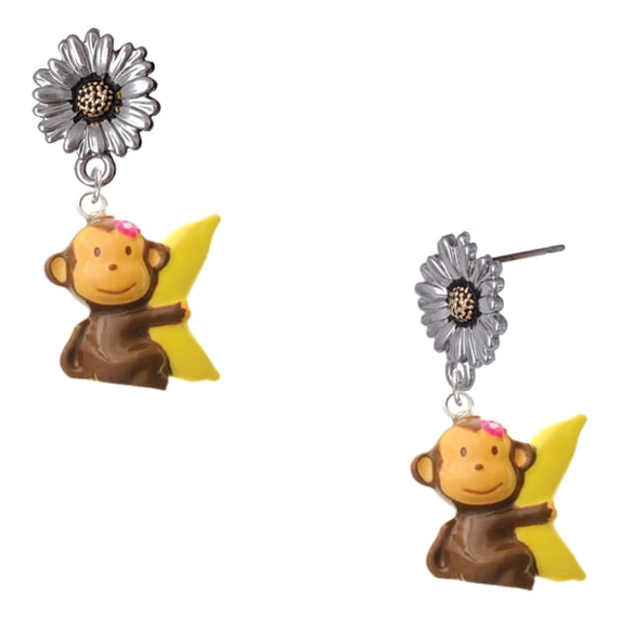 Delight Jewelry Resin Monkey Hugging a Banana - Two-tone Daisy Flower Post Earrings