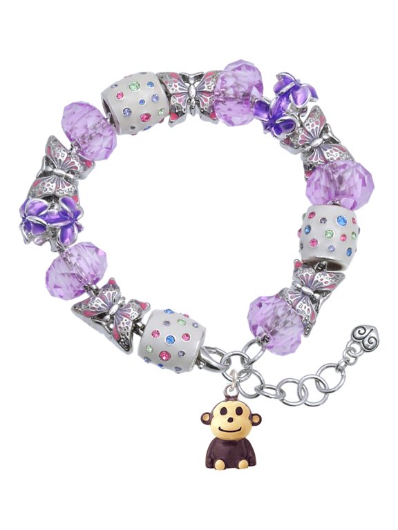 Resin Monkey Purple Butterfly Bead Charm Bracelet, 7"+1" Extender