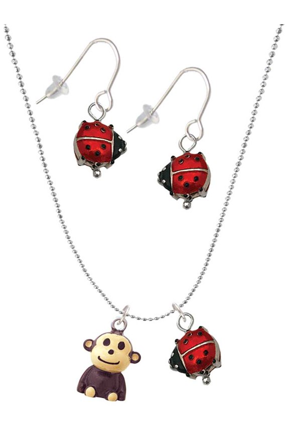 Resin Monkey Red Lucky Ladybug Necklace and Dangle Earrings Set