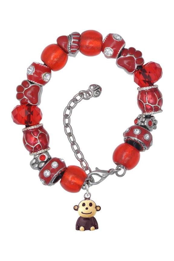 Resin Monkey Red Paw Print Bead Bracelet, 7"+2"