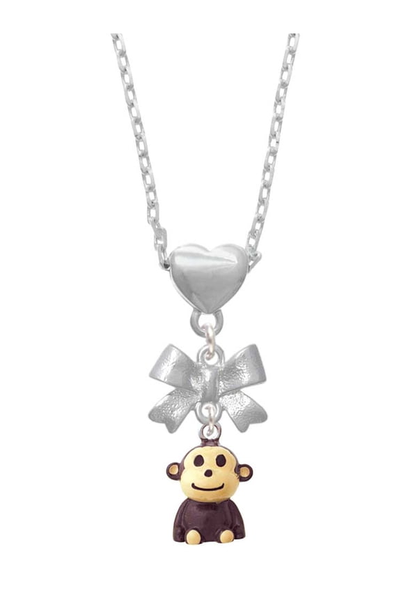 Resin Monkey Silver tone Bow Heart Necklace