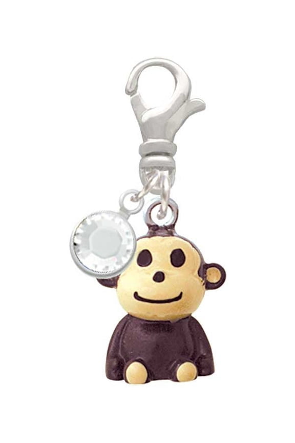 Resin Monkey - Silvertone Clip on Charm with Clear Crystal Drop