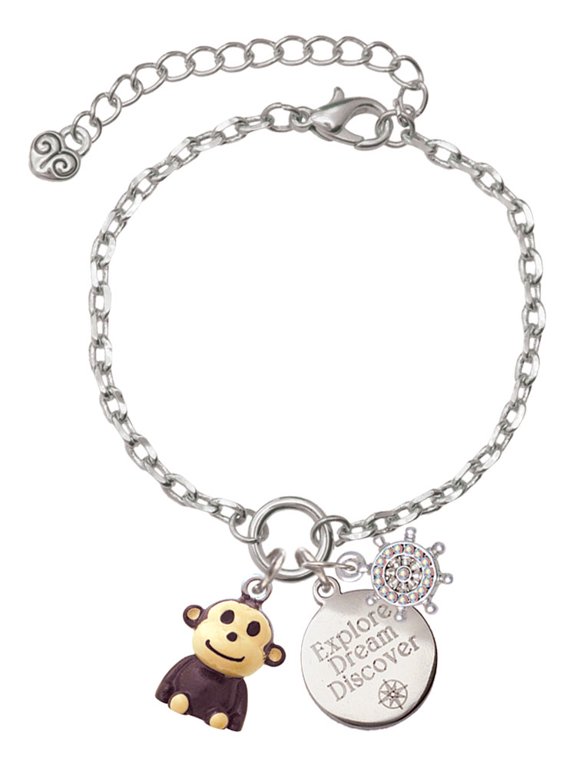 Resin Monkey Silvertone Discover Dream Explore Zoey Charm Bracelet, 6.5+2" Extender