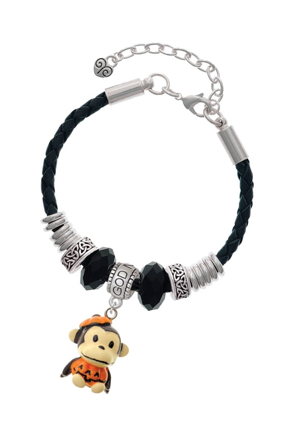 Resin Monkey in Pumpkin Costume Godmother Celtic Knot Leather Bead Bracelet, 7"+2" Extender