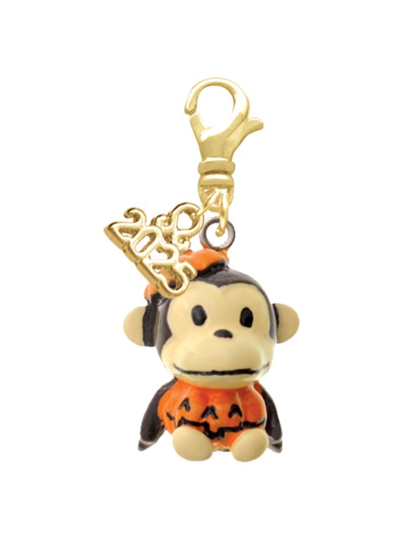 Resin Monkey in Pumpkin Costume - Gold-tone Clip on Charm with Mini Year 2025
