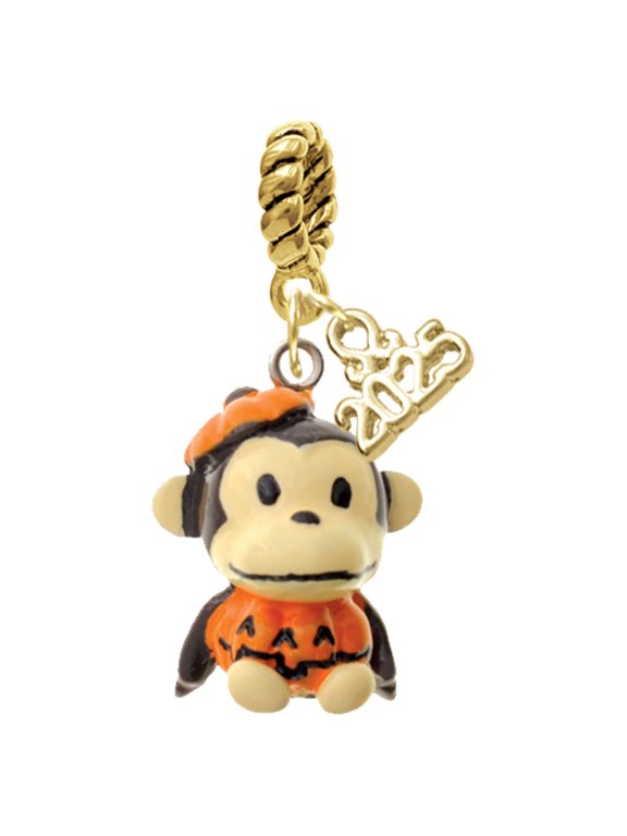 Resin Monkey in Pumpkin Costume - Gold-tone Rope Charm Bead Dangle with Mini 2025