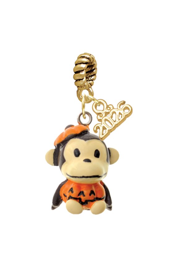 Resin Monkey in Pumpkin Costume - Goldtone Plated Rope Charm Bead Dangle with Mini 2026