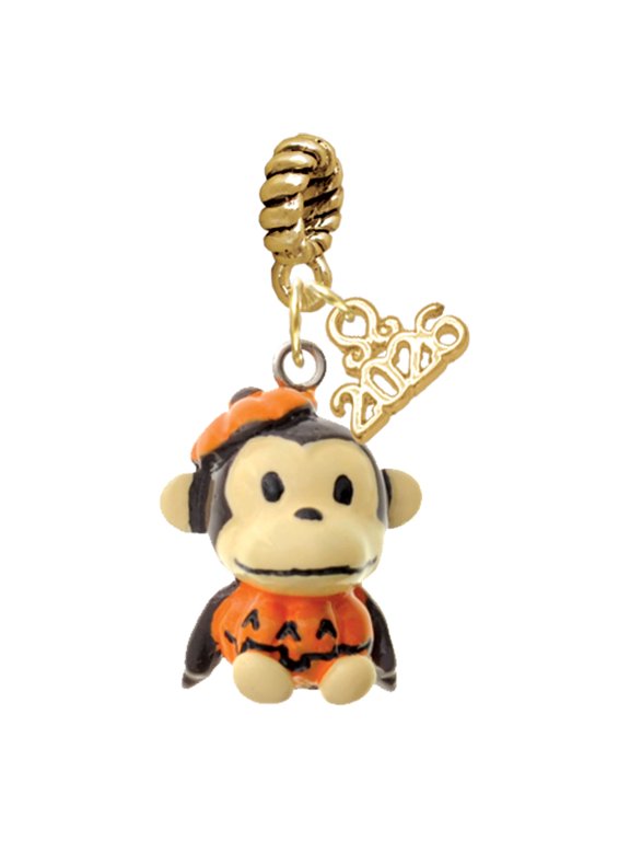 Resin Monkey in Pumpkin Costume - Goldtone Plated Rope Charm Bead Dangle with Mini 2026
