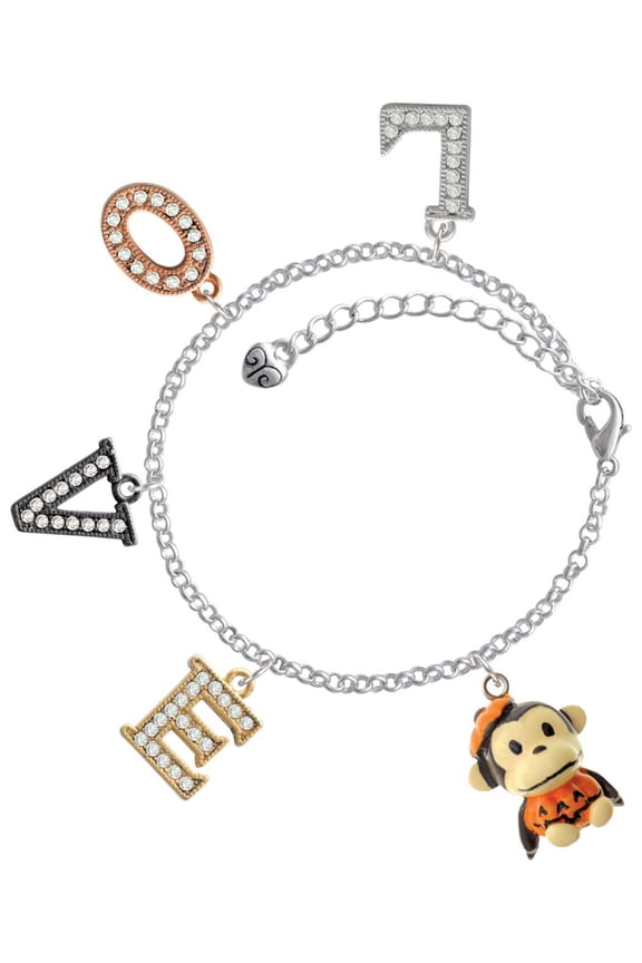 Resin Monkey in Pumpkin Costume Multi-Colored Crystal Love Charm Bracelet