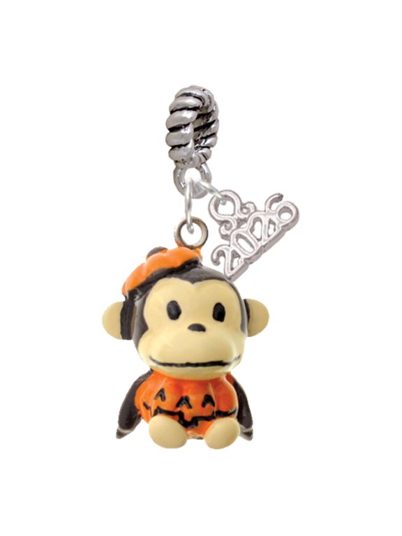Resin Monkey in Pumpkin Costume - Silver Plated Rope Charm Bead Dangle with Mini 2026