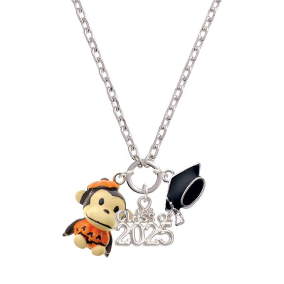 Delight Jewelry Resin Monkey in Pumpkin Costume - Silver-tone Class of 2025 Graduation Zoey Necklace, 28"