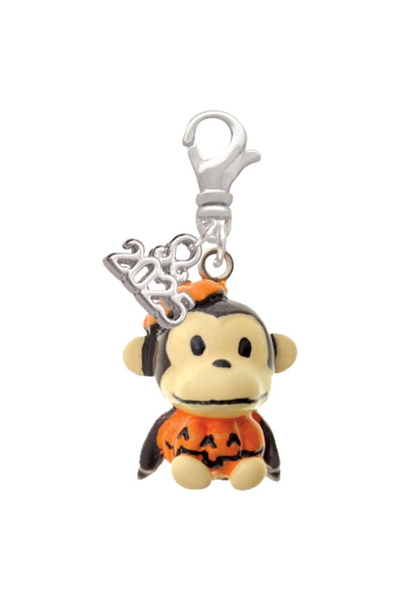 Resin Monkey in Pumpkin Costume - Silver-tone Clip on Charm with Mini Year 2025