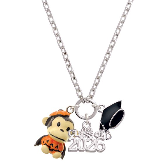 Delight Jewelry Resin Monkey in Pumpkin Costume - Silvertone Class of 2026 Graduation Zoey Charm Necklace, 28"