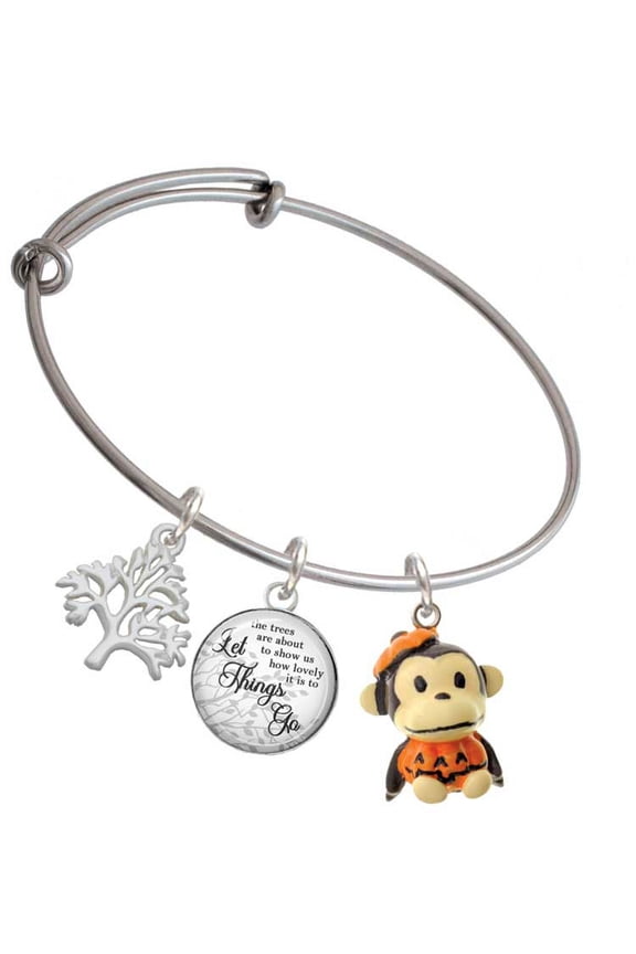 Resin Monkey in Pumpkin Costume Silvertone Let Things Go Tree Charm Bangle Bracelet