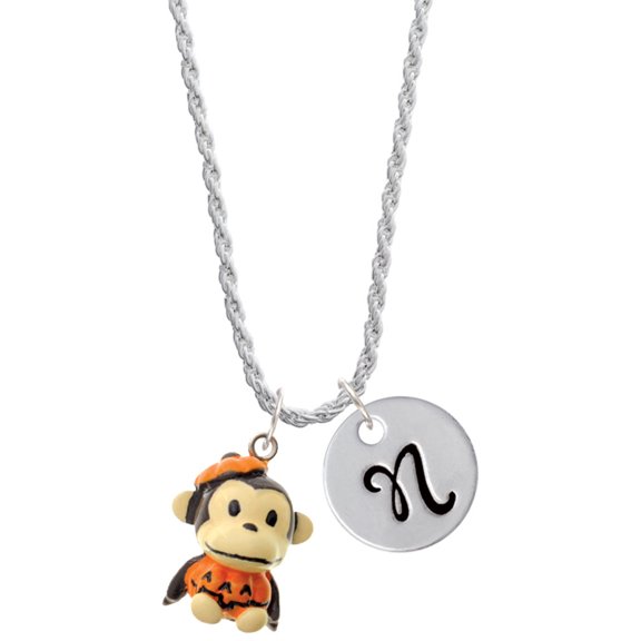 Delight Jewelry Resin Monkey in Pumpkin Costume Silvertone Script Initial Disc - N - Charm Necklace, 20"+3"
