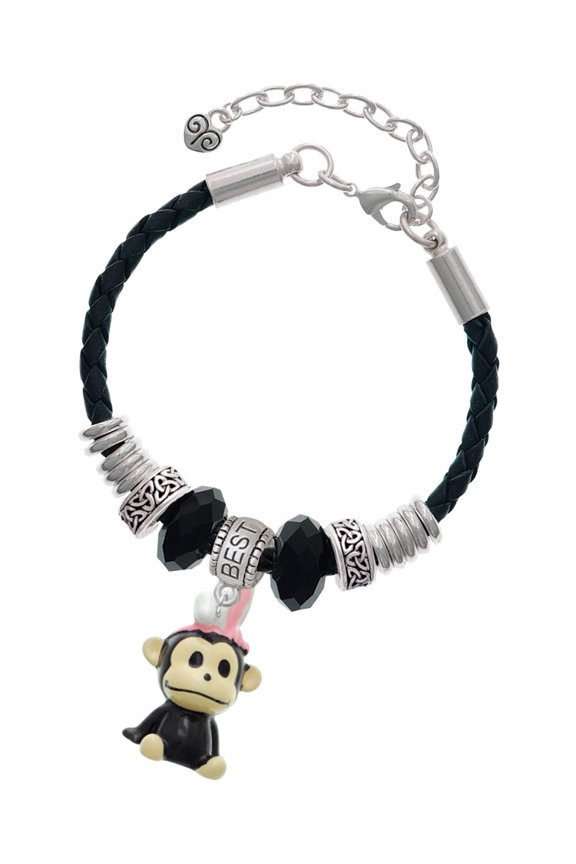 Resin Monkey with Bunny Ears Best Friend Celtic Knot Leather Bead Bracelet, 7"+2" Extender