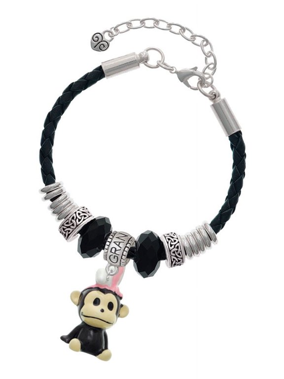 Resin Monkey with Bunny Ears Grandmother Celtic Knot Leather Bead Bracelet, 7"+2" Extender