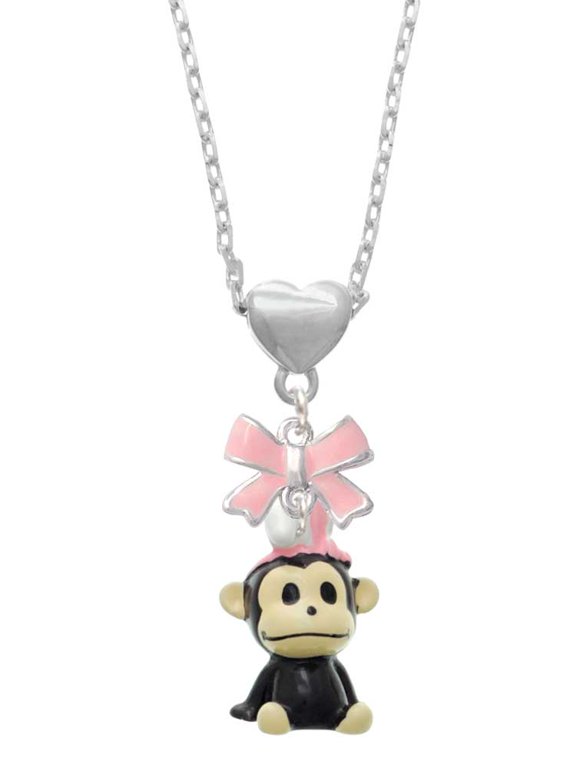 Resin Monkey with Bunny Ears Pink Bow Heart Necklace