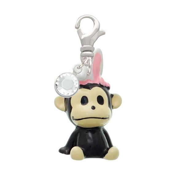 Delight Jewelry Resin Monkey with Bunny Ears - Silvertone Clip on Charm with Clear Crystal Drop