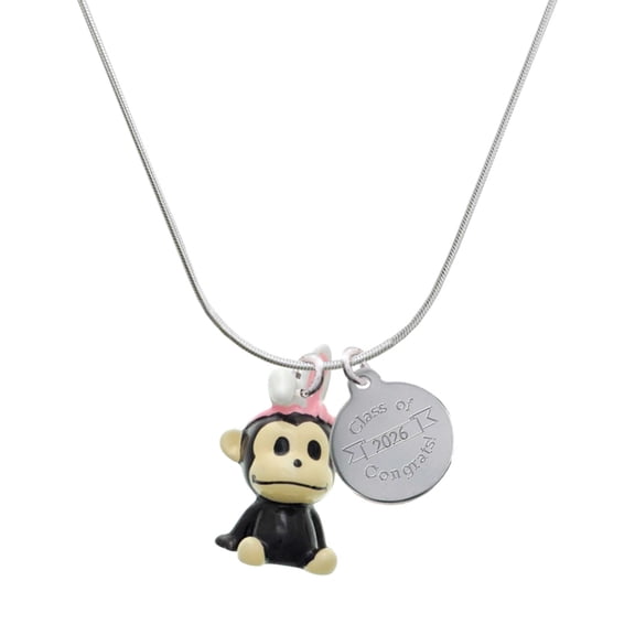 Delight Jewelry Resin Monkey with Bunny Ears - Silvertone Engraved Congrats Class of 2026 Charm Necklace, 18"