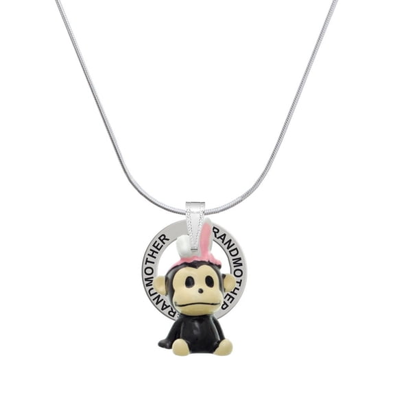 Delight Jewelry Resin Monkey with Bunny Ears Silvertone Grandmother Ring Charm Necklace, 18"