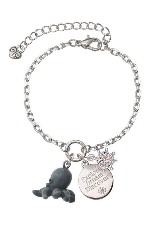 Resin Octopus Silvertone Discover Dream Explore Zoey Charm Bracelet, 6.5+2" Extender