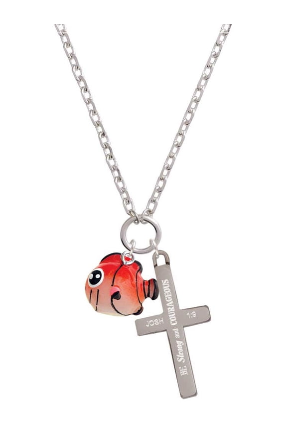 Resin Orange Fish Be Strong and Courageous Engraved Cross Zoey Necklace, 28"