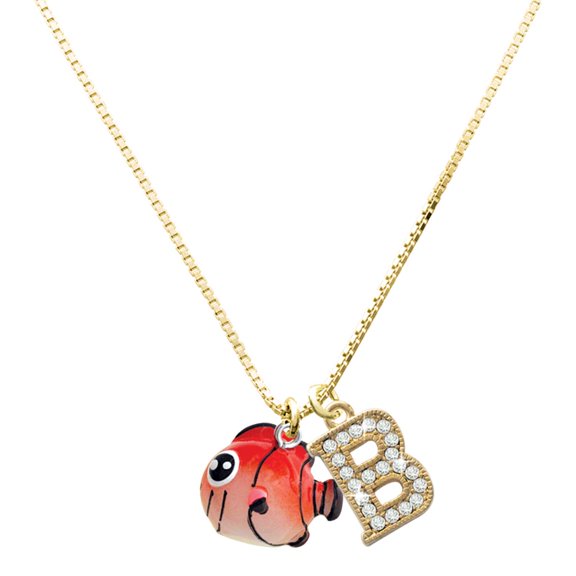 Delight Jewelry Resin Orange Fish - Large Goldtone Crystal Initial - B - Charm Necklace, 17.5"+2"