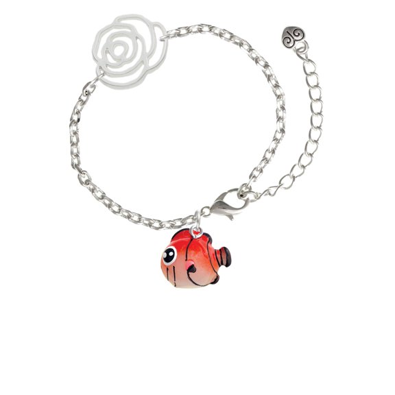 Delight Jewelry Resin Orange Fish Silver-tone Flower Link Chain Bracelet, 6.75"+2" Extender