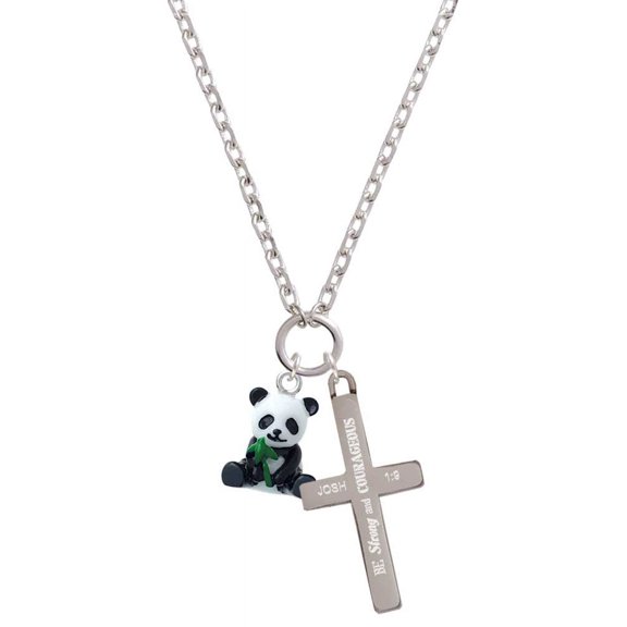 Delight Jewelry Resin Panda Bear Be Strong and Courageous Engraved Cross Zoey Necklace, 28"