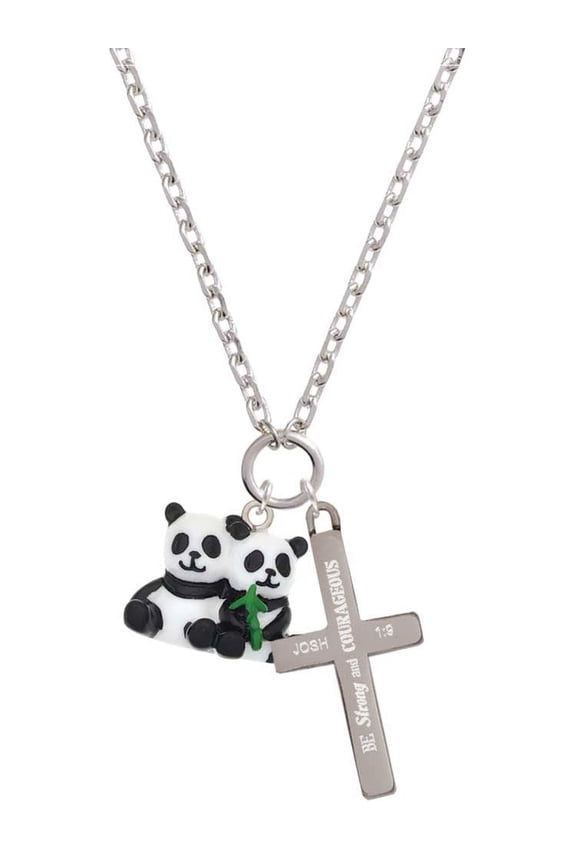 Resin Panda Bear Best Friends Be Strong and Courageous Engraved Cross Zoey Necklace, 28"