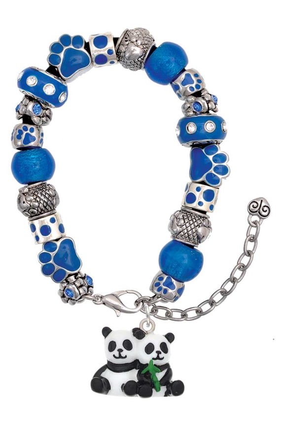 Resin Panda Bear Best Friends Blue Paw Print Bead Bracelet, 7"+2"