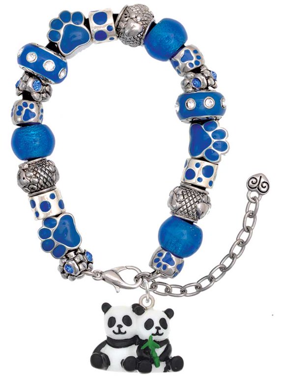 Resin Panda Bear Best Friends Blue Paw Print Bead Bracelet, 7"+2"