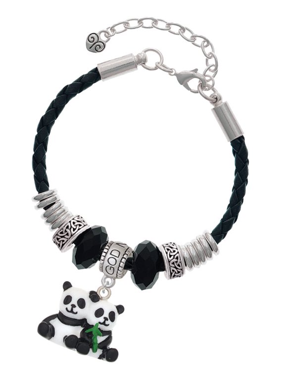 Resin Panda Bear Best Friends Godmother Celtic Knot Leather Bead Bracelet, 7"+2" Extender