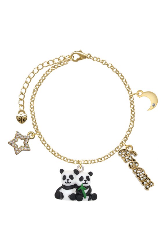 Resin Panda Bear Best Friends Goldtone Dream Big Charm Bracelet, 7.5+2" Extender