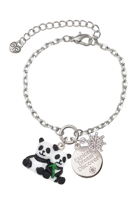Resin Panda Bear Best Friends Silvertone Discover Dream Explore Zoey Charm Bracelet, 6.5+2" Extender