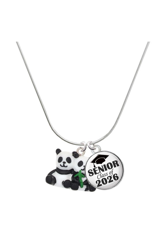 Resin Panda Bear Best Friends - Silvertone Senior Class of 2026 Dome Necklace, 18"