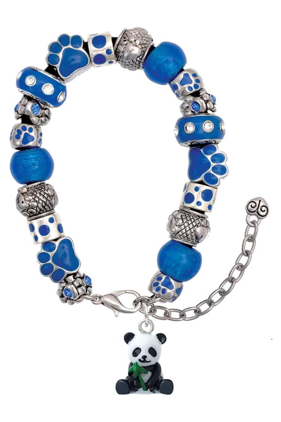 Resin Panda Bear Blue Paw Print Bead Bracelet, 7"+2"