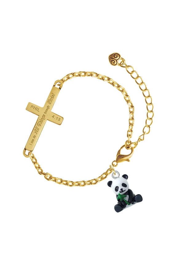 Resin Panda Bear - Gold Tone Philipians 4:13 I Do All Things Through Christ Engraved Cross Charm Bracelet, 6.5+1.5" Extender