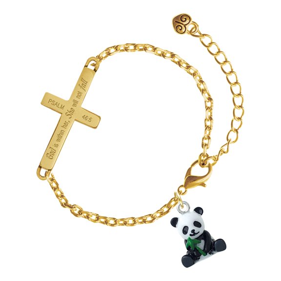 Delight Jewelry Resin Panda Bear - Gold Tone Psalm 46:5 She will not fall Engraved Cross Charm Bracelet, 6.5+1.5" Extender
