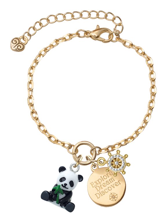 Resin Panda Bear Goldtone Discover Dream Explore Zoey Charm Bracelet, 6.5+2" Extender