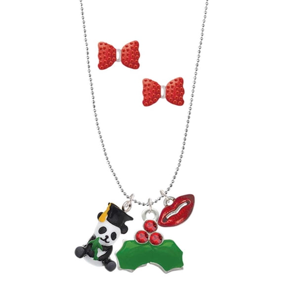 Delight Jewelry Resin Panda Bear Graduate Christmas Kiss Charm Necklace and Stud Earrings