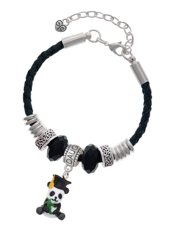 Resin Panda Bear Graduate Daughter Celtic Knot Leather Bead Bracelet, 7"+2" Extender