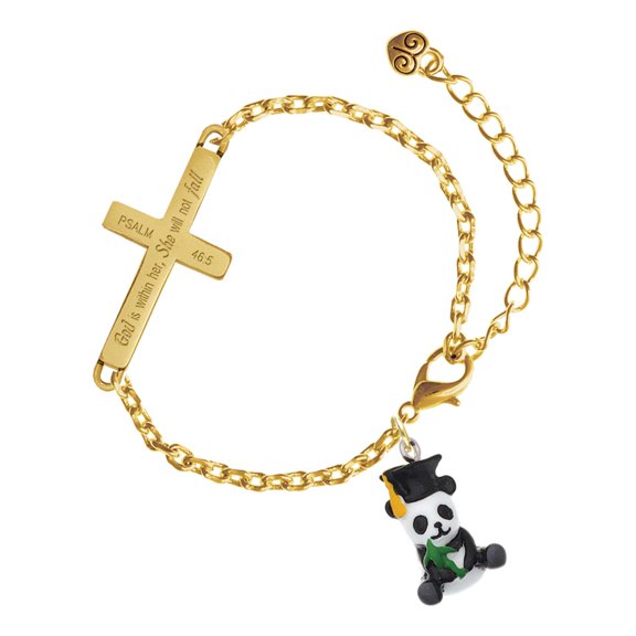 Delight Jewelry Resin Panda Bear Graduate - Gold Tone Psalm 46:5 She will not fall Engraved Cross Charm Bracelet, 6.5+1.5" Extender