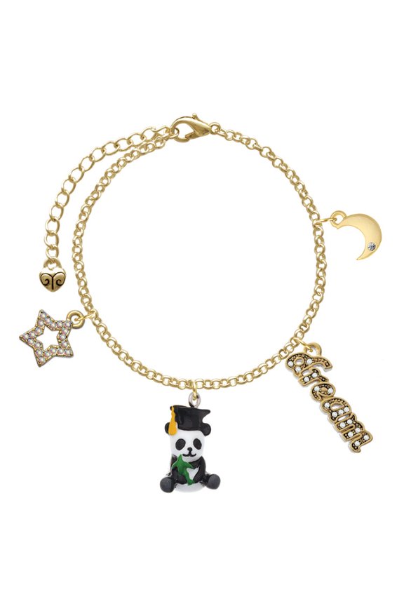 Resin Panda Bear Graduate Goldtone Dream Big Charm Bracelet, 7.5+2" Extender