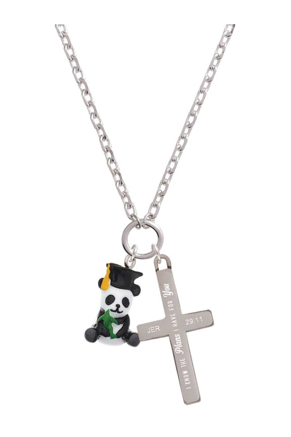 Resin Panda Bear Graduate I Have Plans for You Engraved Cross Zoey Necklace, 28"