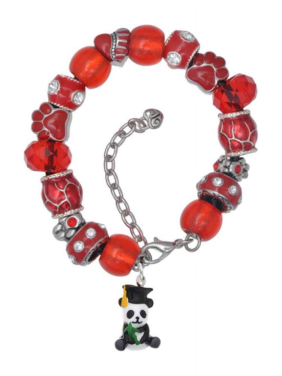 Resin Panda Bear Graduate Red Paw Print Bead Bracelet, 7"+2"