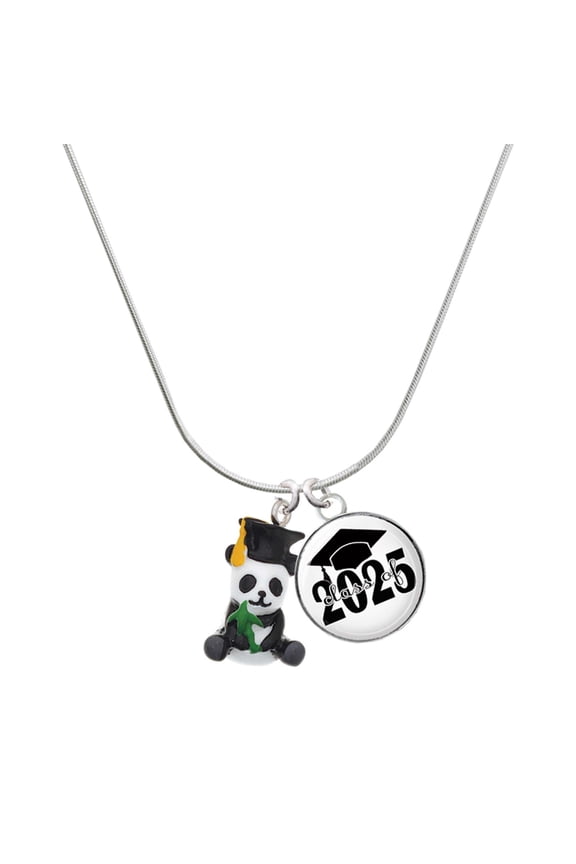 Resin Panda Bear Graduate - Script Class of 2025 Dome Charm Necklace, 18"