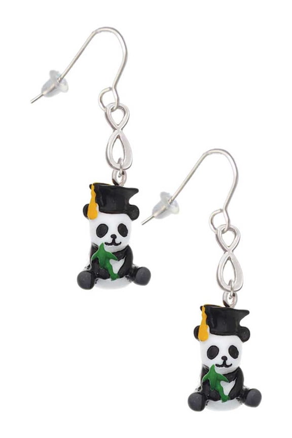 Resin Panda Bear Graduate Silver tone Infinity French Earrings