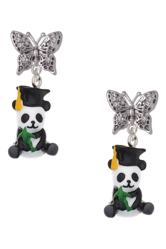 Resin Panda Bear Graduate Silvertone Antiqued Butterfly Post Earrings